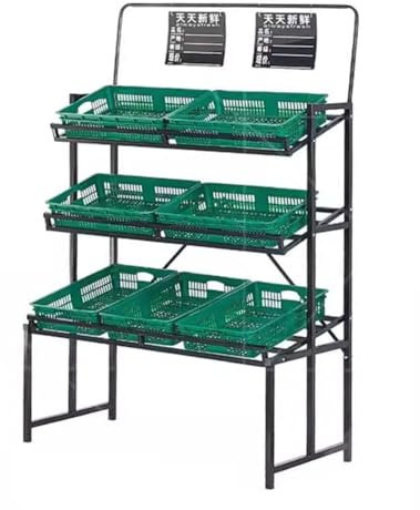 Supermarkt-Obst-Gemüse-Aufbewahrungsregal mit abnehmbarer Aufbewahrungsbox, schwarz, 120 x 60 x 177 cm, ideal für Snacks, Getränkedosen und Spielzeug.