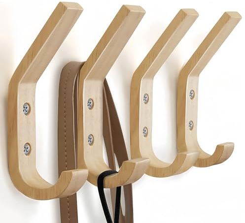 Bosdontek Wooden Coat Hooks (Modern), Heavy Duty Wooden Wall Hooks for Hanging Coats, Natural Wood Coat Pegs Wall Mounted Screw in Coat Hanger for Bag, Clothes, Backpack (4-Pack)