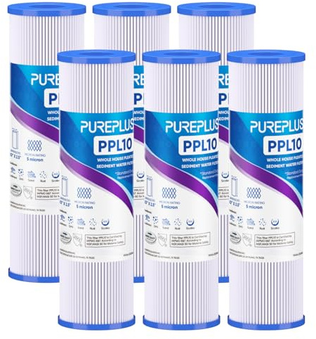 PUREPLUS Filtro de sedimentos plisado de 5 micras de 10 x 2.5 pulgadas para agua de pozo, cartucho de repuesto para sistema universal RO de 10 pulgadas, W50PE, WFPFC3002, SPC-25-1050, FM-50-975, 801
