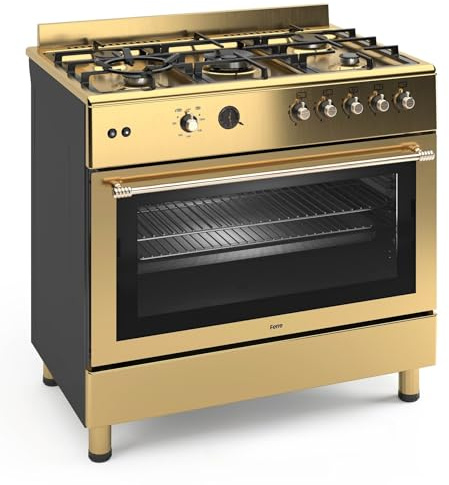 Ferre F9S50GF-GI-RETRO 90cm Gas Range Cooker With Double Turbo Fan & 5 Burner(1 Wok) Gas Hob - Gold