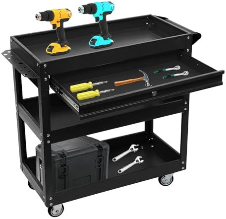 HINOPY Armoire à outils mobile en métal, 3 compartiments, établi avec tiroirs et verrouillable, pour ateliers, garages, entrepôts, chantiers de construction (noir)