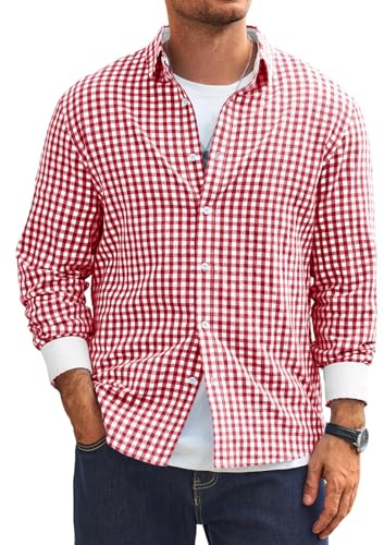 Runcati Hemd Herren Langarm Trachtenhemd Kariertes Oktoberfest Hemd Slim Fit Baumwolle Freizeithemd Button Down Hemden Casual Shirt Rot L