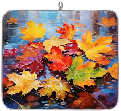 Autumn River Maple Leaves Absorbent Dish Drying Mat for Kitchen Counter, Reversible Microfiber Dish Drying Pad with Hanging Loop for Glassware Utensils Pots 16x18 in