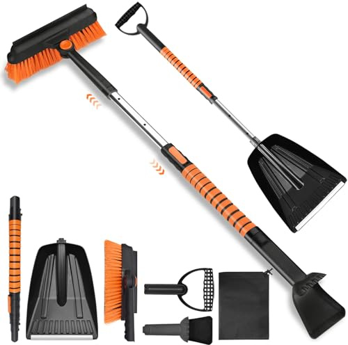 Yiomxhi 4 en 1 Rascador de Hielo Coche con Pala Nieve, Cepillo y Rasqueta, Quita Hielo Parabrisas Coche Extensible con Ergonómico Agarre para Ventanas de Automóviles, SUV, Naranja
