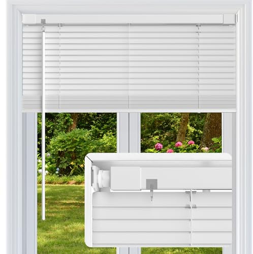 Fabublinds No Drill No Tool 1 Vinyl Mini Blinds, Light Filtering Horizontal Window Blinds & Shades, Cordless Blinds for Windows, 21 W X 64 H, White