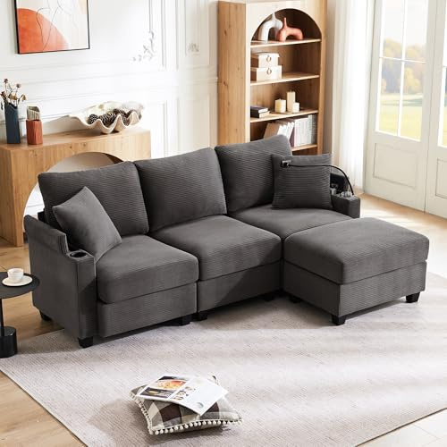 Mrwoo Sofá Cama Seccional en L de 3 Plazas con Pouf, Reposabrazos con Almacenamiento, Puerto-USB y Portavasos, Soporte de Teléfono y 2 Almohadas, Tela Corduroy, Gris Oscuro