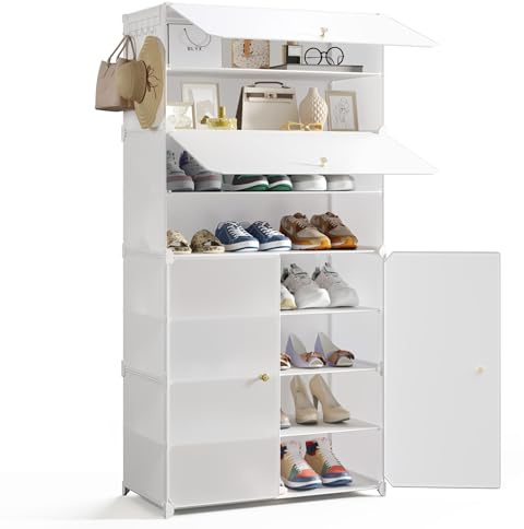 Mondeer Shoe Storage Cabinet, 8-Tier for 24 Pairs of Shoes, Oversized Plastic Shoe Rack with Doors, Removable Shelf and Hooks, for Hallway Entryway Closet, White