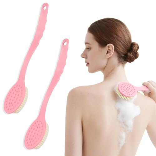2Pack Body Shower Brush Back Scrubber, Long Handle 33CM Bath Brush Use in Shower, Anti-Slip Long Handle Back Scrubber Pink