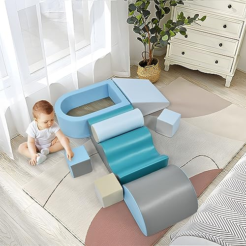 Schaumstoffbausteine 9-teilig mit Bällebad und Rutsche – Indoor Klettergerüst mit Ballpool, wasserfeste Motorikwürfel & Softblöcke ab 1 Jahr, multifunktionaler Indoor-Spielplatz, platzsparend