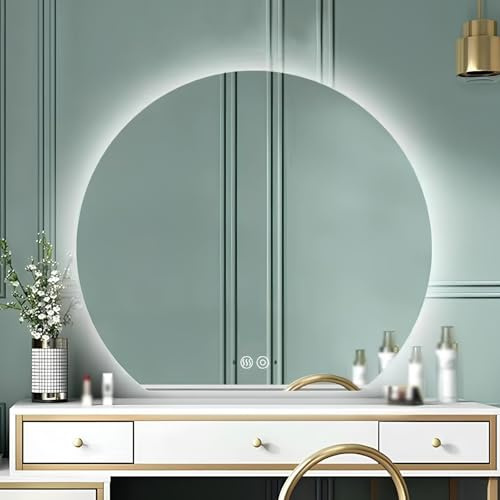 Specchio da bagno rotondo a mezzaluna a LED, anti-appannamento, senza cornice, per ingresso a parete, 54 x 60 cm, moderno specchio cosmetico illuminato con luci
