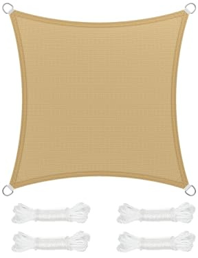 SONGMICS Sonnensegel 5 x 5 m, Sonnenschutz aus HDPE-Gewebe, luftdurchlässig, wasserdurchlässig, für Terrasse, Garten, Balkon, Camping, quadratisch, konkav, 2 m Seile, sandgelb GSS55EYV1