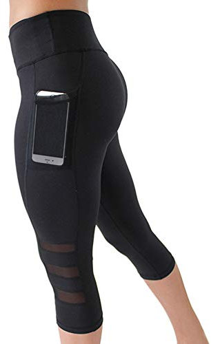 IMEKIS Damen Sport Leggings 3/4 Sporthose Yogahose Laufhose Hohe Taille Mesh Fitnesshose Jogginghose Workout Stretch Tights Push Up Skinny Hosen Freizeit Sportbekleidung mit Taschen Schwarz XXL