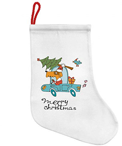ABAKUHAUS Weihnachten Hängende Nikolausstiefel Weihnachtssocken, Hund in Vintage Car, Weihnachtsstrumpf zum Aufhängen, 25x35cm, weiß Multicolor
