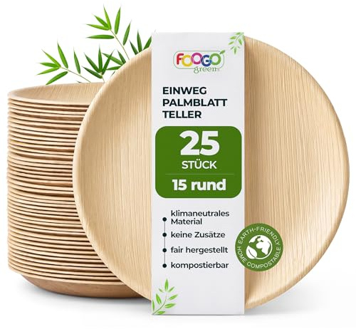 FOOGO Green 25 Platos Desechables de Hoja de Palma, 15 cm, Redondos Pequeños, Biodegradables, Compostables, Como Platos de Madera, Bambú, Papel, para Comida Caliente, Bodas, Picnics, Fiestas