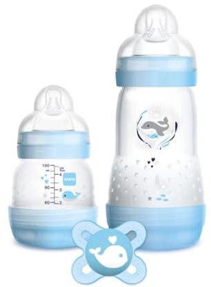 MAM Starter Set of 2 Easy Start Anti-Colic Baby Bottles, 130 ml and 260 ml with SkinSoftTM Silicone Teat, with Start Nano Pacifier, 0+ Months, Light Blue