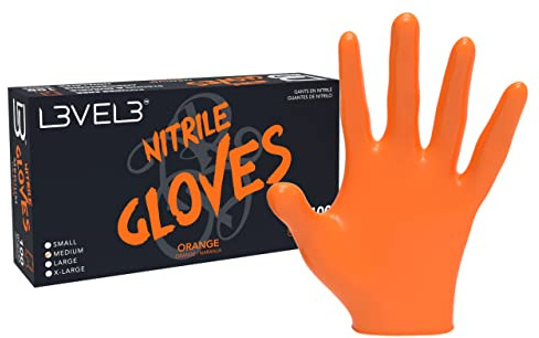 L3VEL3 Orange Nitrile Gloves - Delivers Outstanding Protection - Puncture and Chemical Resistant - Touchscreen Compatible - Made of Synthetic Rubber - Provides Optimal Flexibility - Size L - 100 pc