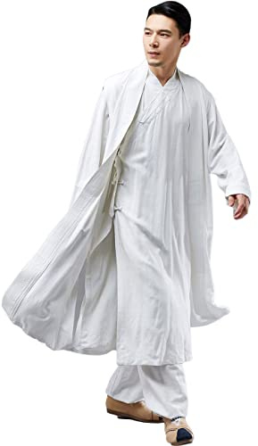 NFYM Shaolin munk kung fu rock kostym bomull linne lång klänning meditationsdräkt zen buddhistisk väst, Vest White, XL