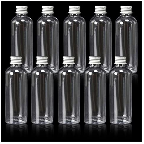 Kitnish Plastic Bottles 100ml with Silver Screw Caps, Reusable Bottles with Funnel, Parties & Wedding Favours (10PCS)