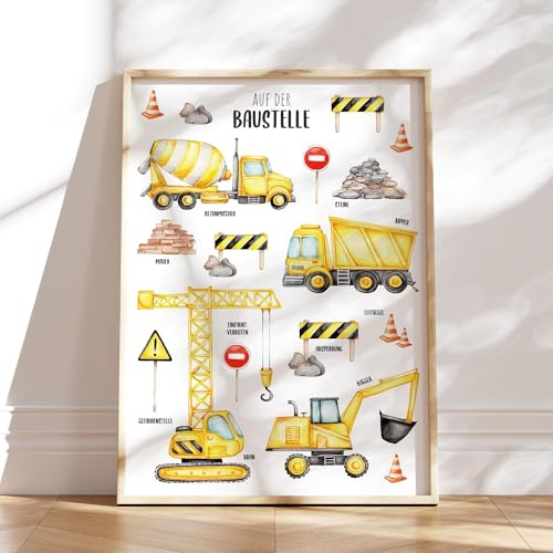 MeinBaby123® Bilder Baufahrzeuge | DIN A2 | Bagger, Kran, Baumaschine, Kipplaster | Poster Kinderzimmer | Deko Bilder Kinderzimmer Junge | Babyzimmer Deko | Premium Qualität (Bagger V6)