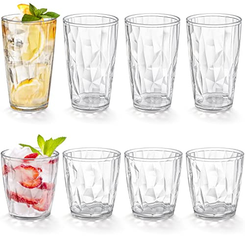 Hedume Set of 8 Plastic Water Tumblers, 4 Pack 500ml and 4 Pack 300ml Transparent Unbreakable Drinking Glasses, Clear Acrylic Reusable Juice Wine Cups Stackable for Home, Picnic Party