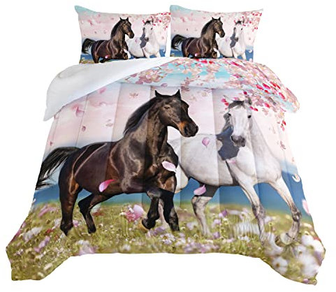 HOSIMA Pferde-Bettwäsche für Mädchen, Frühlings-Bauernhoftiere, rosa Kirschblütenmuster, Mädchen-Bettwäsche-Set für Queen-Size-Bettwäsche-Set für Mädchen, Zimmerdekoration, Western-Bettwäsche-Set