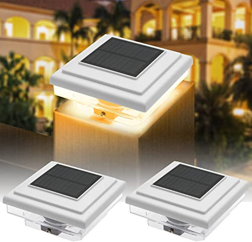 YOHAYO Lámpara Solar de Poste para Valla Lámpara Solar de Pilar Luces Solares para Valla Exterior Impermeable IP65 Blanco Cálido para Poste de Valla de Patio 2 piezas (Blanco)