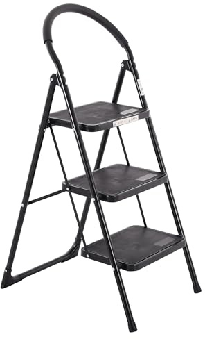 Raburg Tritt-Leiter Tom, 3 Stufen in SCHWARZ, klappbar, 73 cm hoch, Komfort-Sicherheitshandlauf, bis 150 kg, Stahl, TÜV/GS geprüft, 6,8 kg, Universal-Leiter für Alltag, Haushalt & Arbeiten im Haus