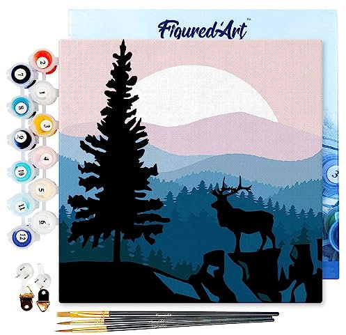 Figured'Art Mini Dipingere con i Numeri 20x20cm con Telaio - Paint by Numbers Maestoso cervo e paesaggio, Passatempo per Adulti, Kit Completo, Hobby Creativi - Quadri fai da te Tela Già Incorniciata