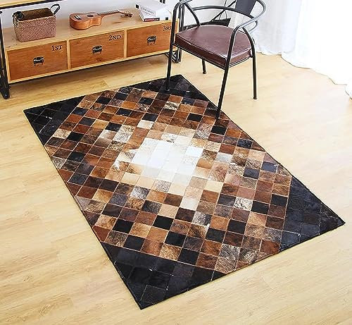 Cowhides Alfombra de piel de vaca natural, alfombra de piel de retales cosida a mano, decoración occidental, piel de vaca, piel de vaca para el hogar, sala de estar, alfombra de cuero,120cm×180cm