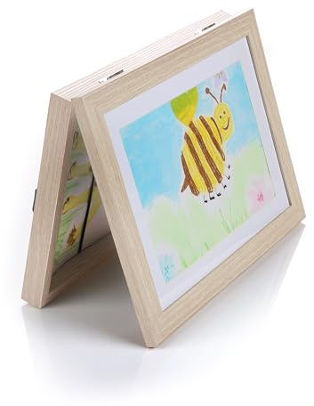 Lulubug Bilderrahmen Kinderzeichnungen A4 - für 150 Bilder | Frontöffnung, Drehmechanismus, Tischaufsteller, Magnetverschluss | aus MDF Holz, 35x26cm