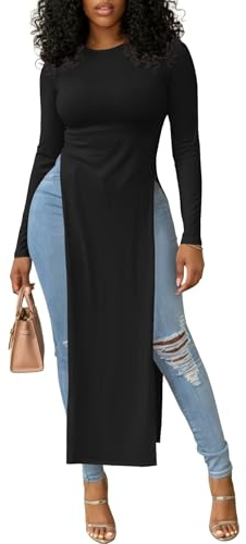 OPOIPIN Women's Crew Neck Split Slit Hem Long Sleeve Slim Fit Tee Top Long Shirt Tunic Black X-Large