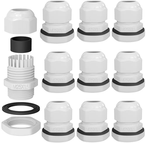 hb-digital 10х Kabelverschraubung M25 für 11-15mm Kabeldurchmesser IP68 staub- & wasserdicht mit Gummidichtung Gegenmutter Klemmlamellen Stopfbuchse Isolation Kabeleinführung - Weiss