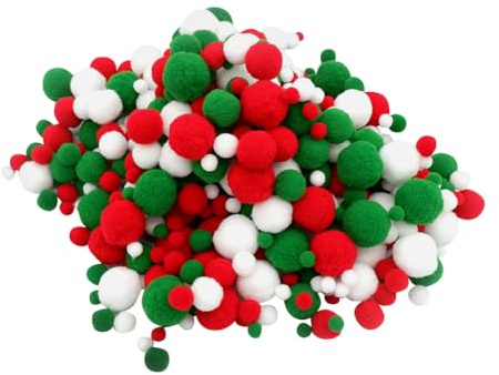 JIHUOO 450 Stück 1-3 cm Weihnachts-Pompons zum Basteln, rot, grün, weiß, weiche kleine Pompons, niedlich, flauschig, Pompons, DIY-Kunst-Pom-Bälle