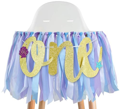 BEISHIDA Striscione per seggiolone per il primo compleanno, decorazioni a tema sotto il mare, per ragazze e ragazzi, blu e viola