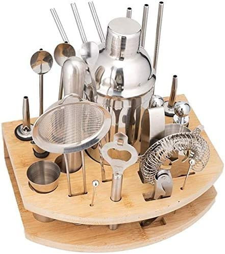 YQYBF Juego de coctelera de Acero Inoxidable con Soporte de bambú y Libro de Recetas de Bebidas: Kit de Camarero, Juego de coctelera Martini
