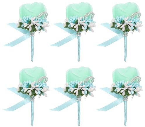PATIKIL Rosenblumen-Anstecker, 6er-Pack künstliche Rosen-Anstecker Handgemachte Blumen-Corsage mit Kappe, Anstecknadel für Hochzeitsfeier Zeremonie, Himmelblau