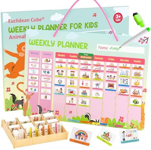 Visual Timetable Weekly Planner for Kids - Magnetic Schedule Board with 237 Magnets, Reward Charts for Children Behaviour - Daily Routine and Chore Chart for Kids Autism (Animal Theme)