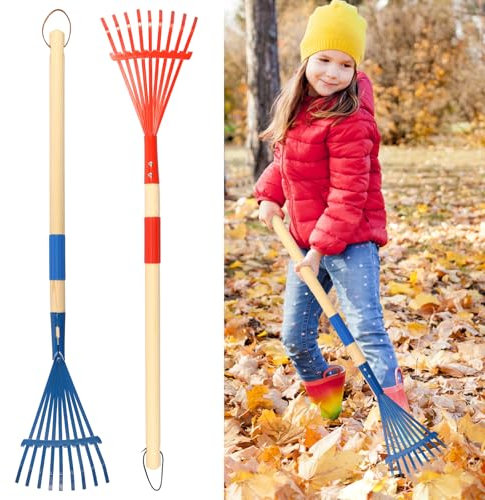 Sutowe 2Pcs Kids Rakes with Detachable Wood Handles Child Size 27inch Lawn Rake for Gardening Fun Toddler Leaf Rake Garden Tools Toy Gifts for Boys and Girls