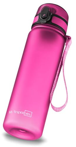 My Vesperbox Trinkflasche Minny, 500 ml, auslaufsicher, kohlensäuregeeignet, robust, inkl. Reinigungsbürste, Fruchtsieb, Strohhalm, Trageschlaufe, spülmaschinenfest, BPA-frei (lila ohne Namen)