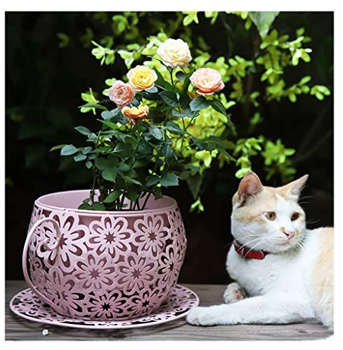 Retro Metal Coffee Cup Flower Pots with Saucer Tea Cup Garden Plant Holder Hollow Floral Design Indoor Outdoor Planters Home Garden Decor Pink