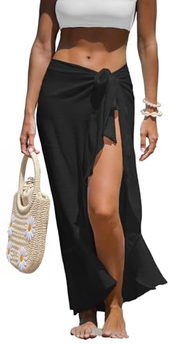 CUPSHE Dam Sarong Cover Up Chiffong badkläder omlottkjol självknyt volang strand täckande, Svart, S