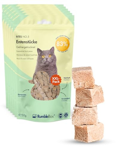RumbleBox XXL 100% Entenstück Gefriergetrocknete Katzensnacks, Monoprotein Leckerlis ohne Getreide und Zucker für Allergiker, NUR 1 ZUTATEN (Sparbox 6x50g)