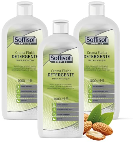Soffisof Crema Fluida Detergente 1000 ml - 3x Detergente Senza Risciacquo Anziani, Allettati - Pelle Sensibile Idratata e Protetta - Con Urea e Olio di Mandorle Dolci - 3 Ricariche da 1 Litro