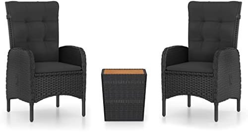 Eleganz 3-TLG. Bistro-Set aus Poly Rattan & Akazienholz Schwarz – Langlebiges Gartenmöbel für Terrasse & Balkon – Wetterfest & pflegeleicht