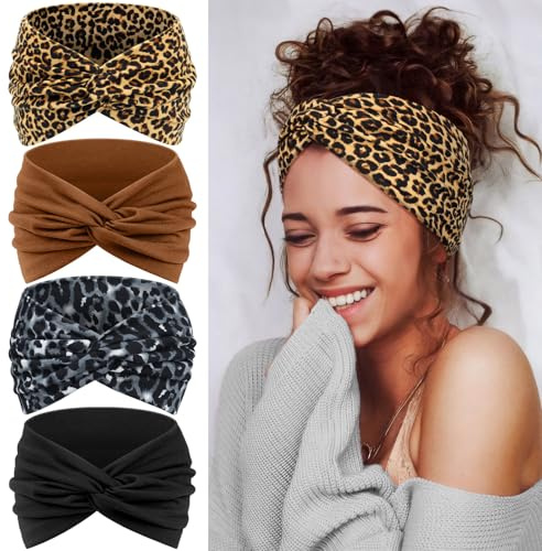 Tumurup 4 st hårband dam tunt, pannband dam sport – breda elastiska mjuka hårband för yoga, fitness och kosmetika – pannband hårsmycke sommar (brun, svart, leopard brun, leopard grå)