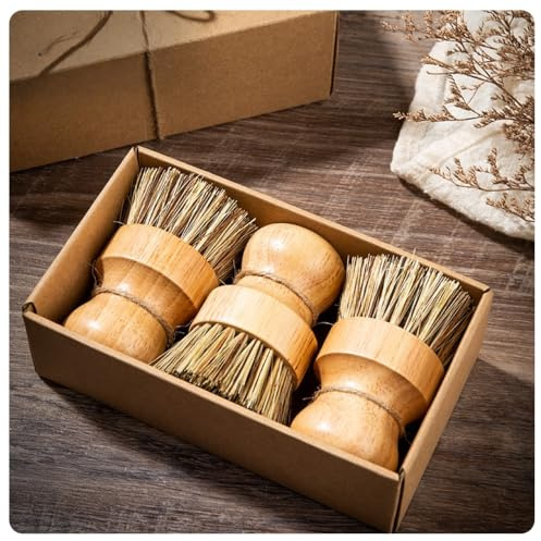 Rockreyoa Pilzbürste Rund Holz Champignonbürste Spülbürste Kartoffelbürste Holz Waschbürste Geschirrbürste Obstbürste Spülbeckenbürste Pilzpinsel Reinigungsbürste Aprikose#3(Hanfseil+Gift Box) 3 Pcs
