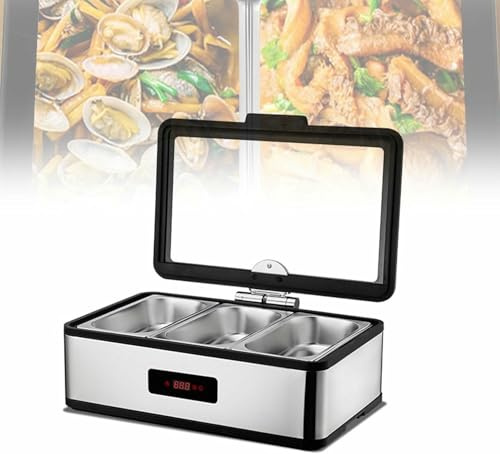 HTTGDGDH Teglia per Alimenti Isolata Commerciale, Piastra Scaldavivande Elettrica in Acciaio Inossidabile da 9 Litri con Vetro Temperato con Visualizzazione, Scaldavivande Idrauli（Three Grids）