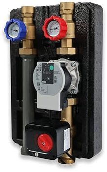 SUNEX GPO S DN20 VER2 Pumpengruppe mit Dreiwegemischer – 1 Anschluss – inklusive Wärmedämmung, Umwälzpumpe, Thermometern und Rückschlagventil – für Heizungsanlagen DN 20