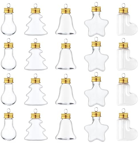 Neikafan Weihnachtsflaschen zum Befüllen 20Stück 5 Stil Durchsichtige Kugeln | Acryl-Kugel, offen, transparent, befüllbar, mit rotem Satinband, für Partydekoration