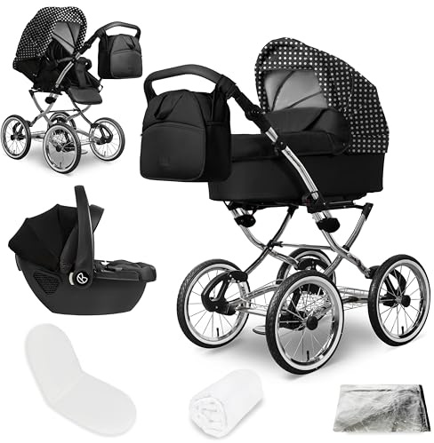 Bergsteiger Venedig Nostalgie Kombikinderwagen 3-in-1 Babyschale Buggy | Komplettes Reisesystem ab Geburt mit 14 Zoll Luftreifen Rahmenfederung verstellbarem Griff Wickeltasche und Regenschutz